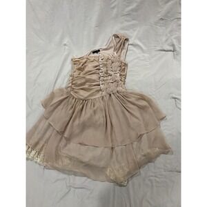 Ryu Womens One Shoulder Chiffon Tiered Lace Trim Cocktail Dress Champagne Small